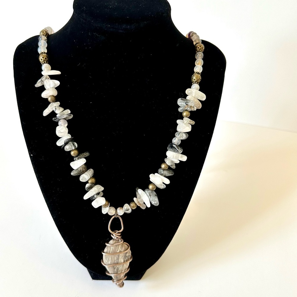 CRYSTAL Stones Necklace with large stone wrapped in copper, handmade